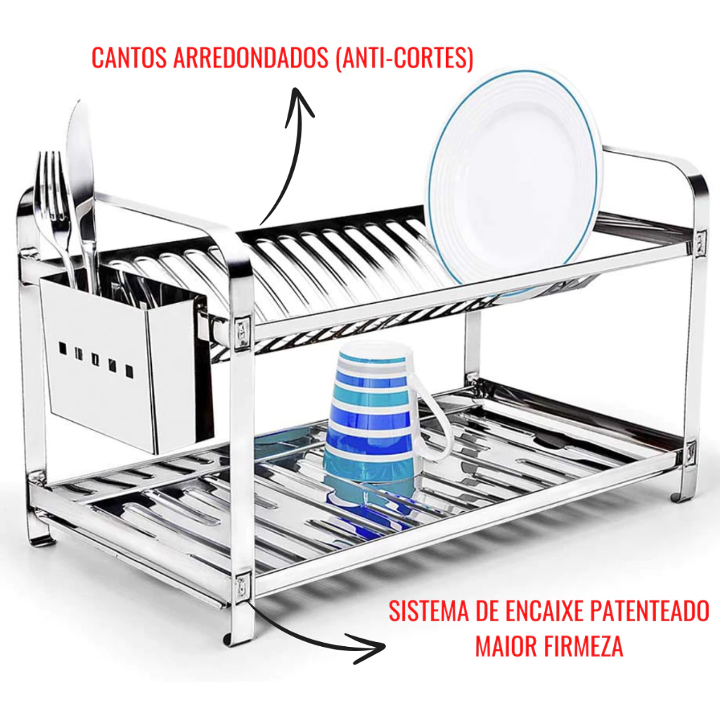 Escorredor Louça Inox com Porta Talheres e Bandeja Coletora